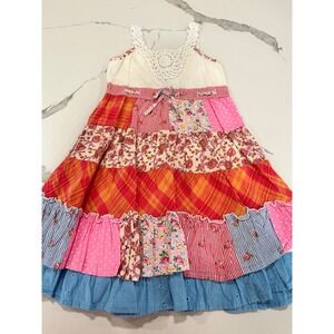 Cutey Couture Girls Patchwork Boho Tiered Ruffle Dress Crochet Lace 4/5 Years